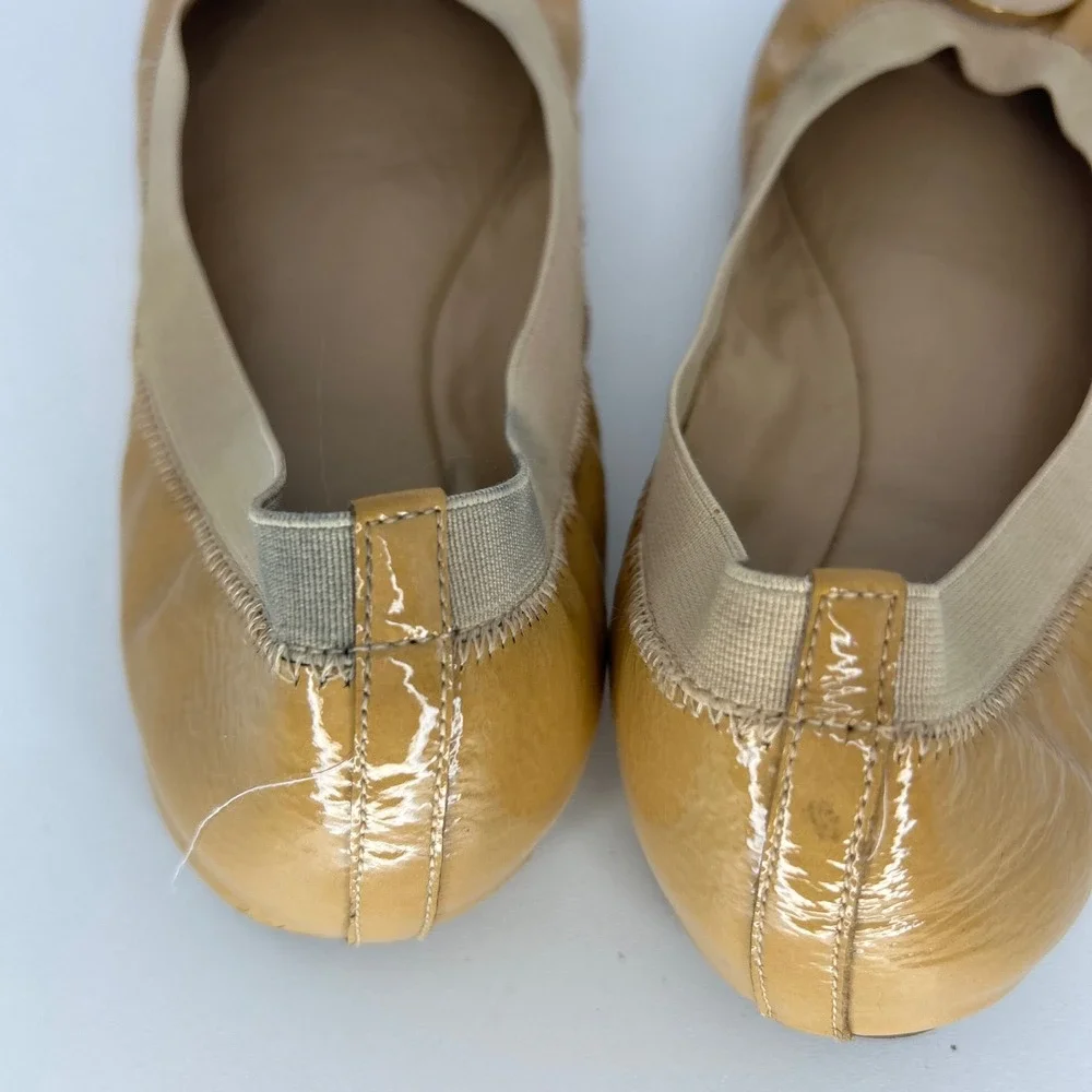 Tory Burch Quiet Luxury Reva‎ Ballet Flats 8M Tan Patent Leather Logo
